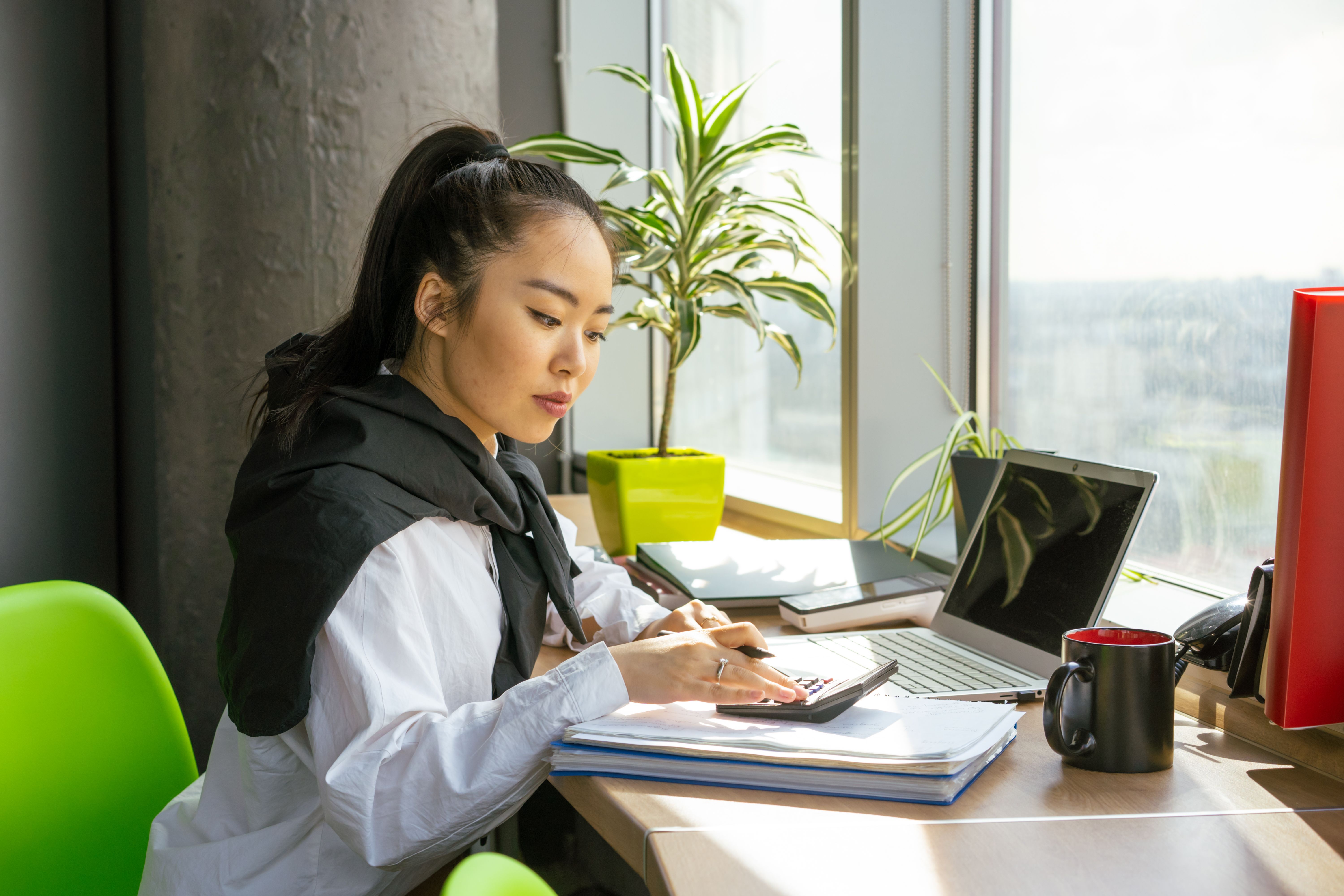 Accountant preparing a client proposal on a laptop by a bright office window