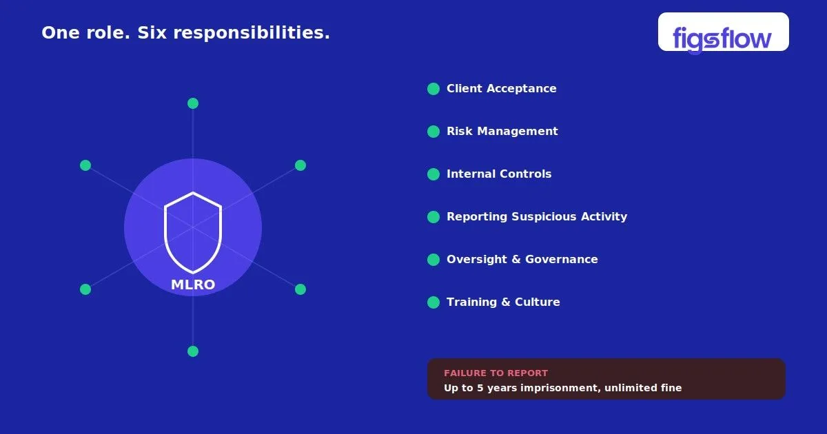 A graphic listing six responsibilities related to the role of Money Laundering Reporting Officer (MLRO).