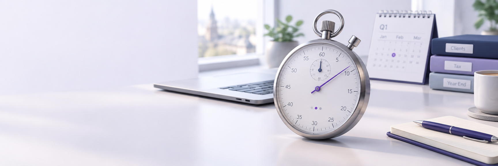 A stopwatch on a desk beside a laptop and a cup of coffee.