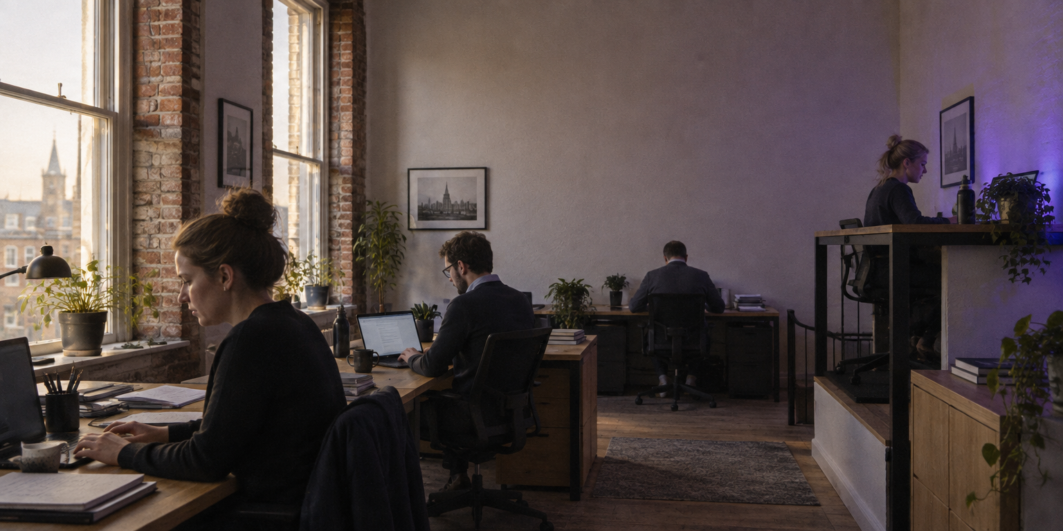 An accounting firm team working at their desks in a modern office
