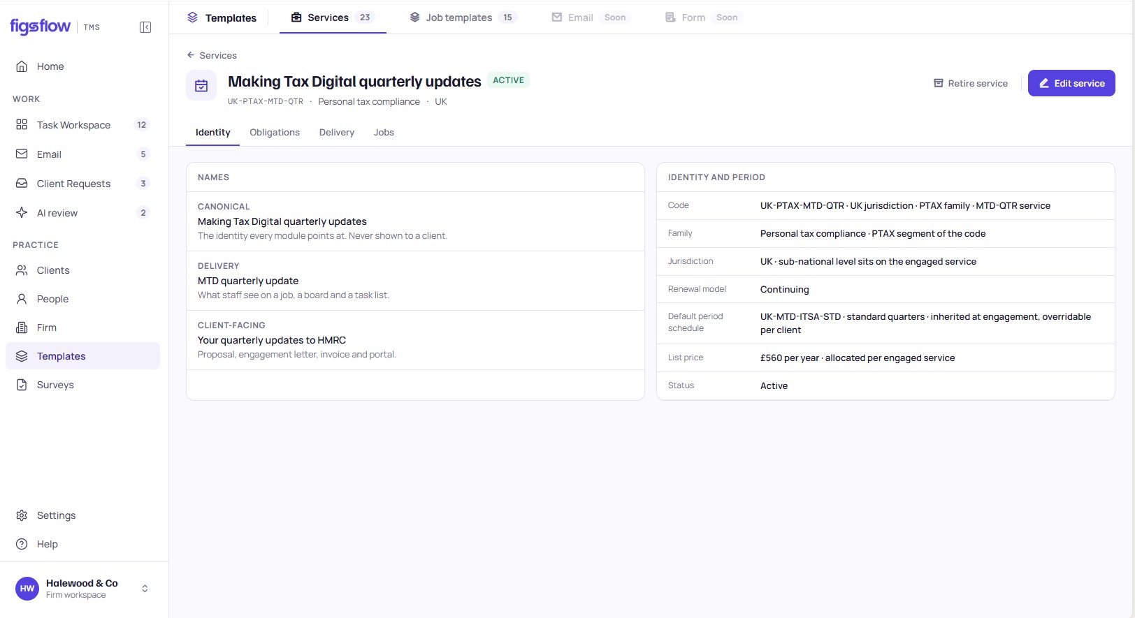 FigsFlow service template for Making Tax Digital quarterly updates, showing the canonical, delivery and client-facing names, the UK-PTAX-MTD-QTR service code, a continuing quarterly renewal model, and the per-engagement list price.