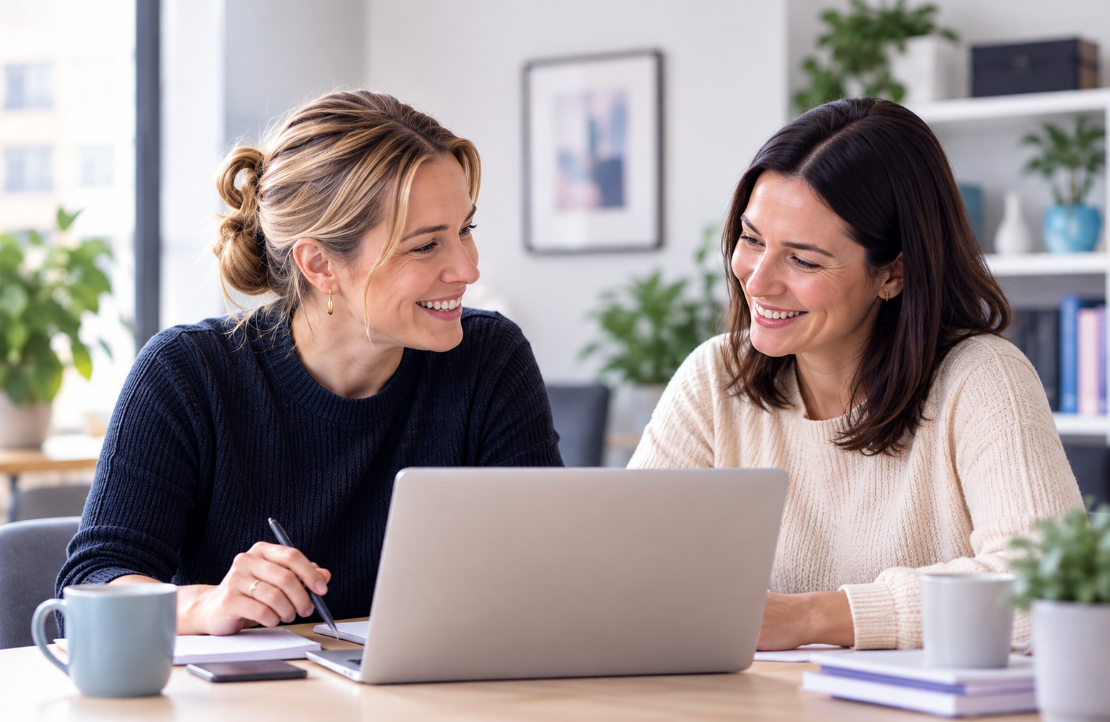 Two colleagues working together at a laptop in a bright office.