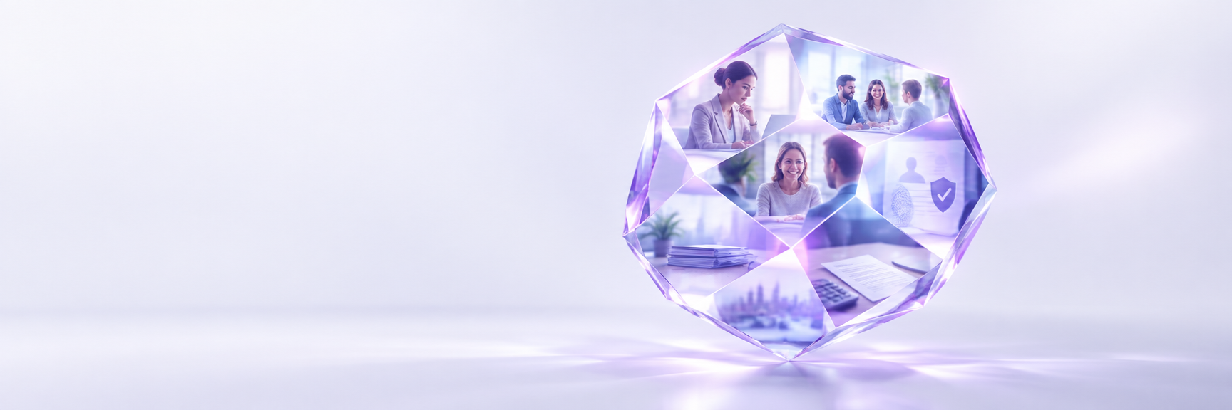 An illustration of a faceted crystal, each facet showing a different view of the same client record — the team, compliance and the invoice.