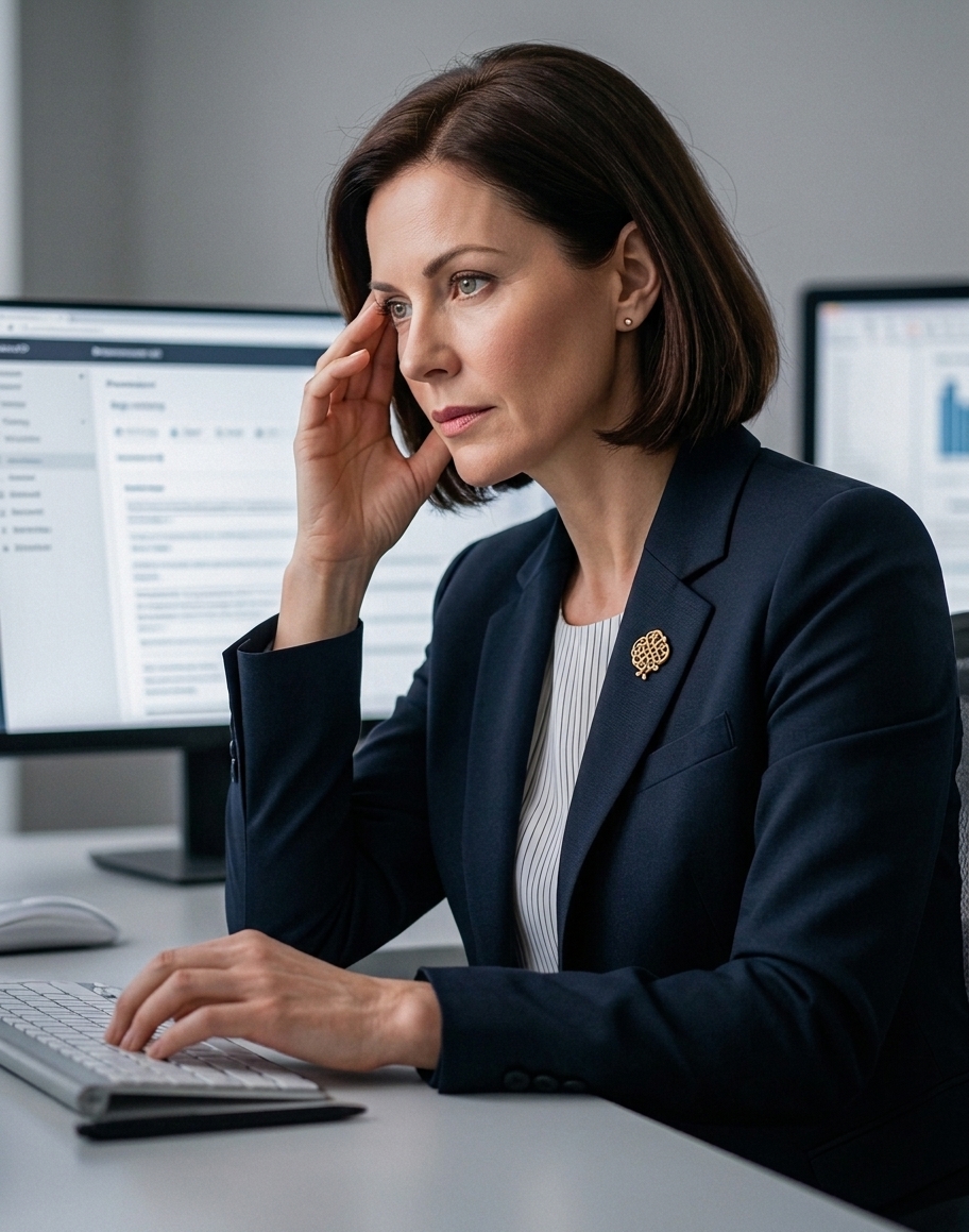 A woman in professional attire working at a computer, appearing focused.