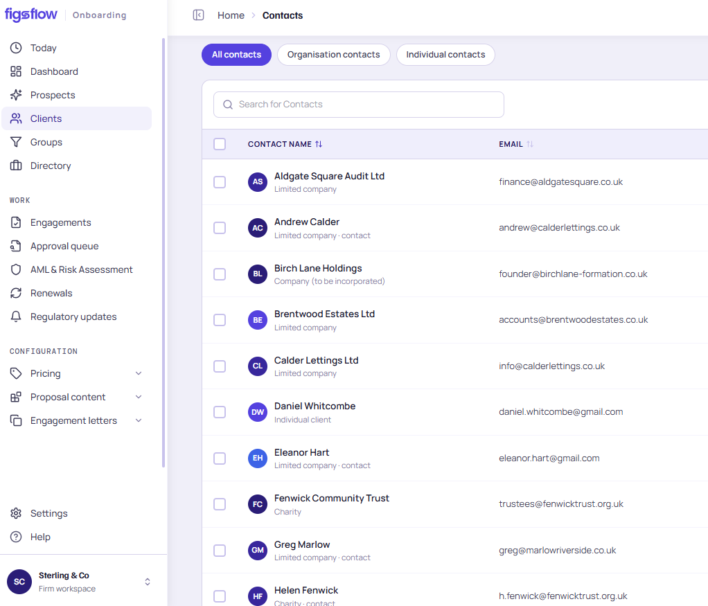 FigsFlow client record showing the proposal, the engagement letter, and the jobs it creates on signature, all on one record