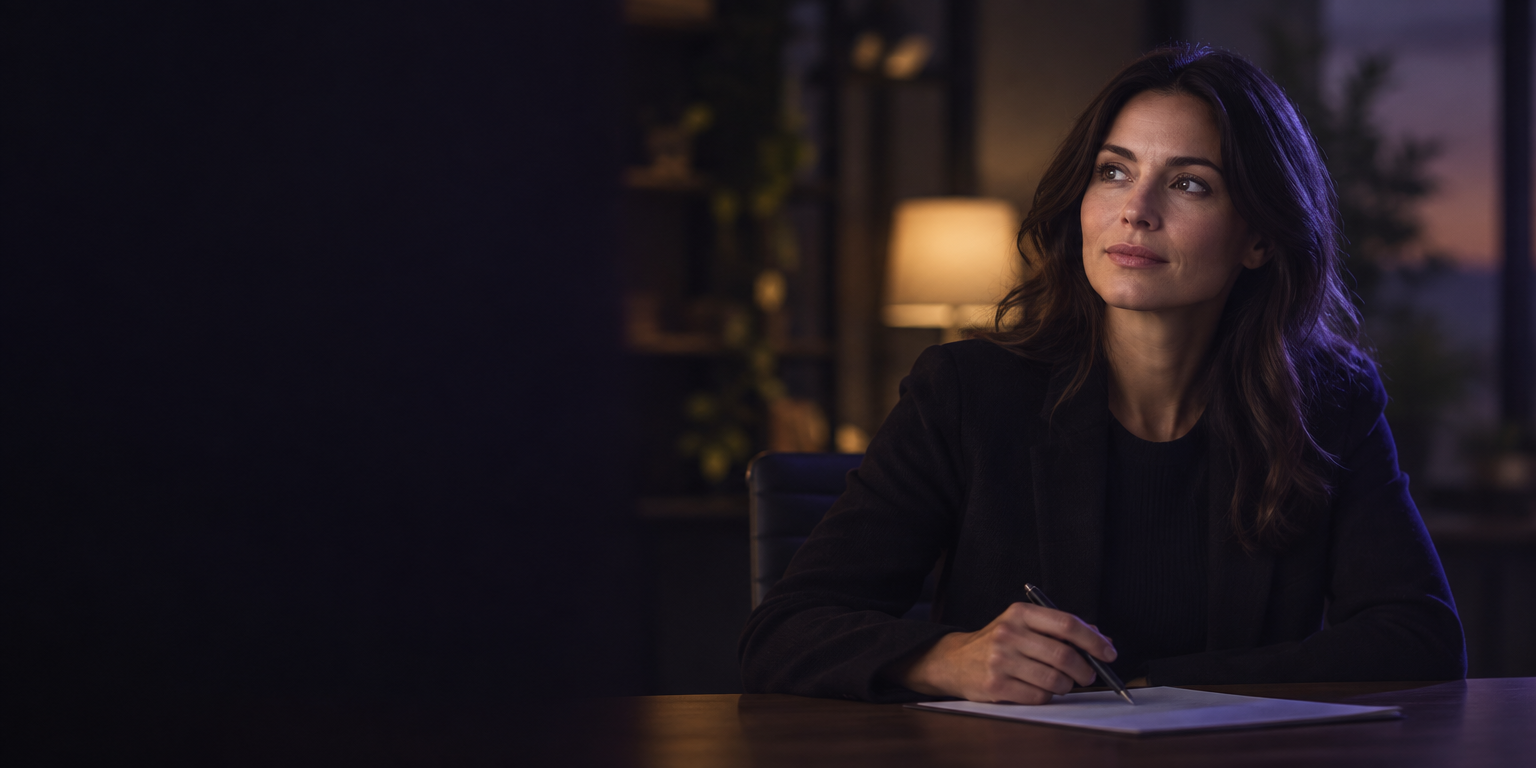 An accountant sitting at her desk in the evening, pen in hand, with status cards for one client's four quarterly updates and Final Declaration shown alongside