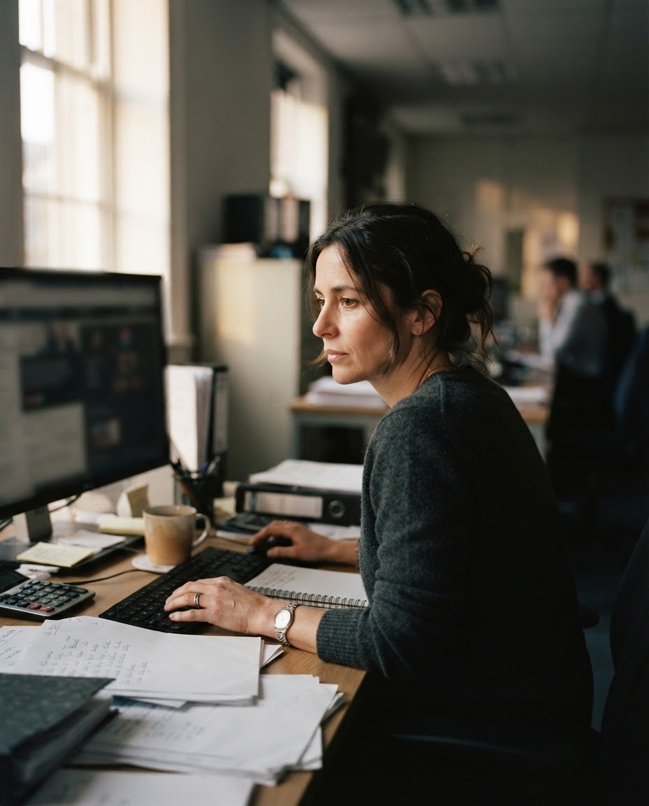 A senior accountant reviewing work at her desk before it goes to a client