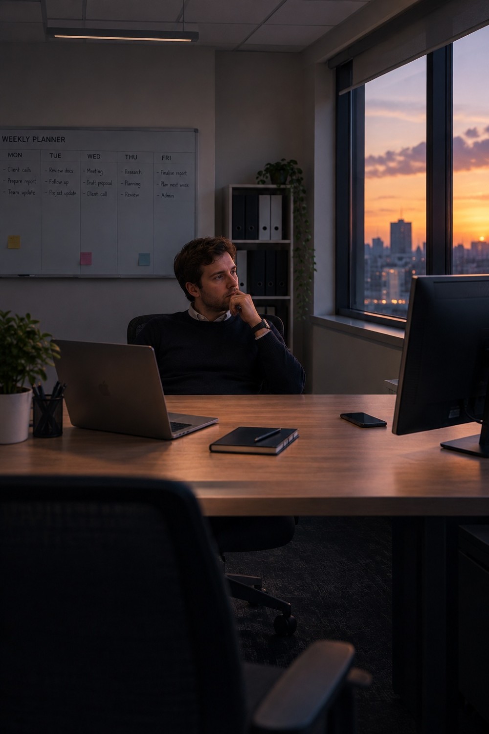 An accounts senior at a desk, looking out at the city at dusk, working late through a stack of client deadlines