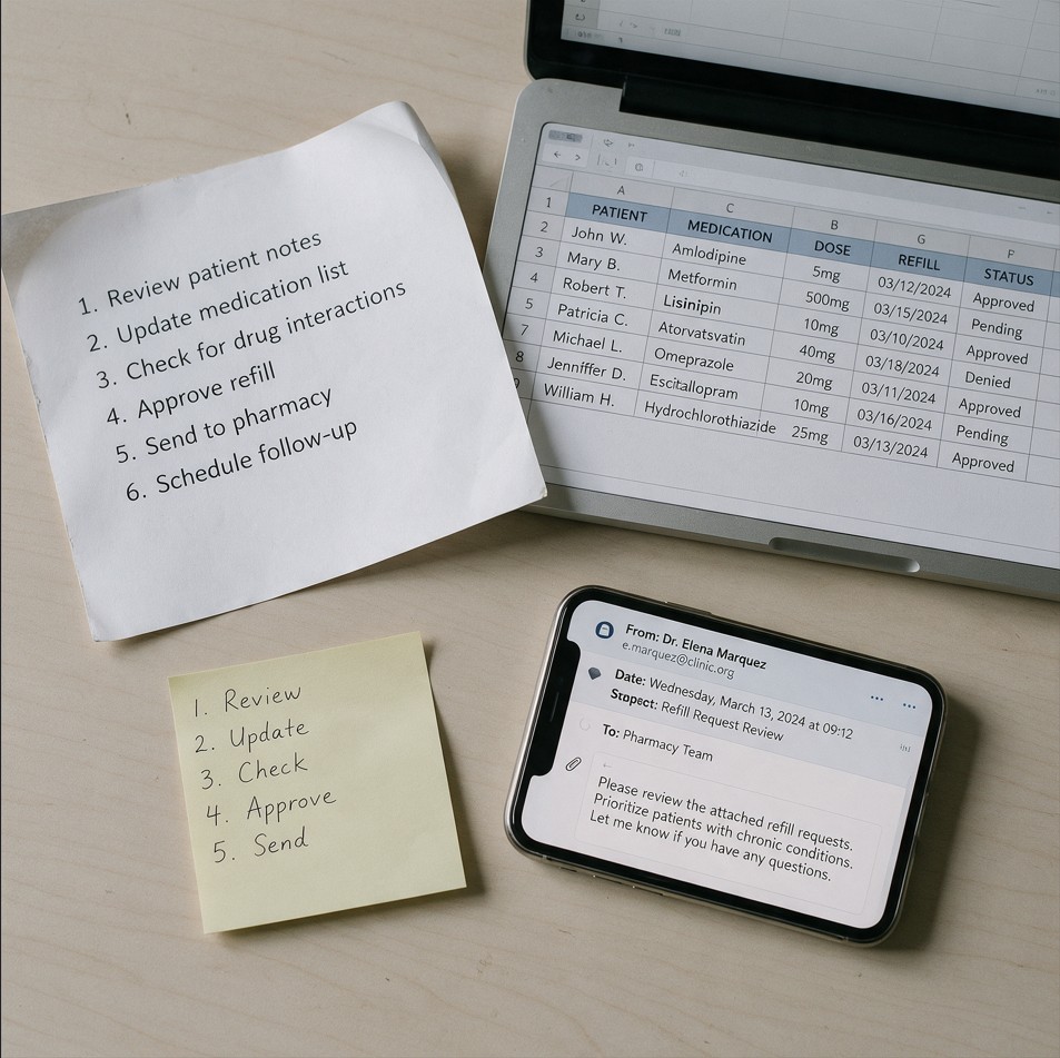 One process written down four different ways on the same desk: a printed step list, a handwritten sticky note, a spreadsheet open on a laptop and an email thread on a phone.