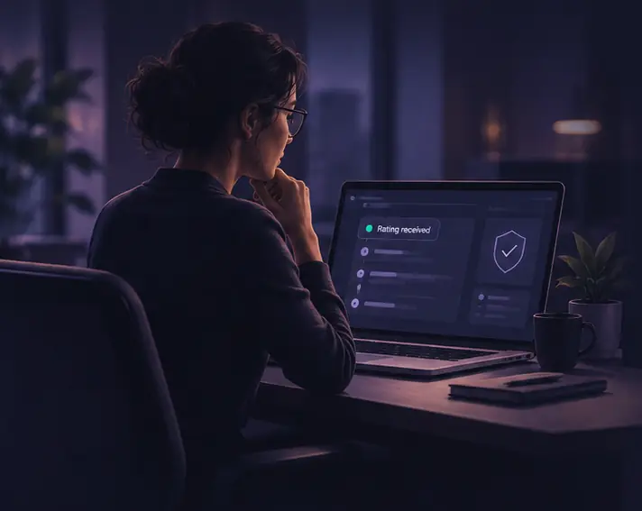 Compliance officer at her desk in the evening, reviewing a Rating received notification on her laptop