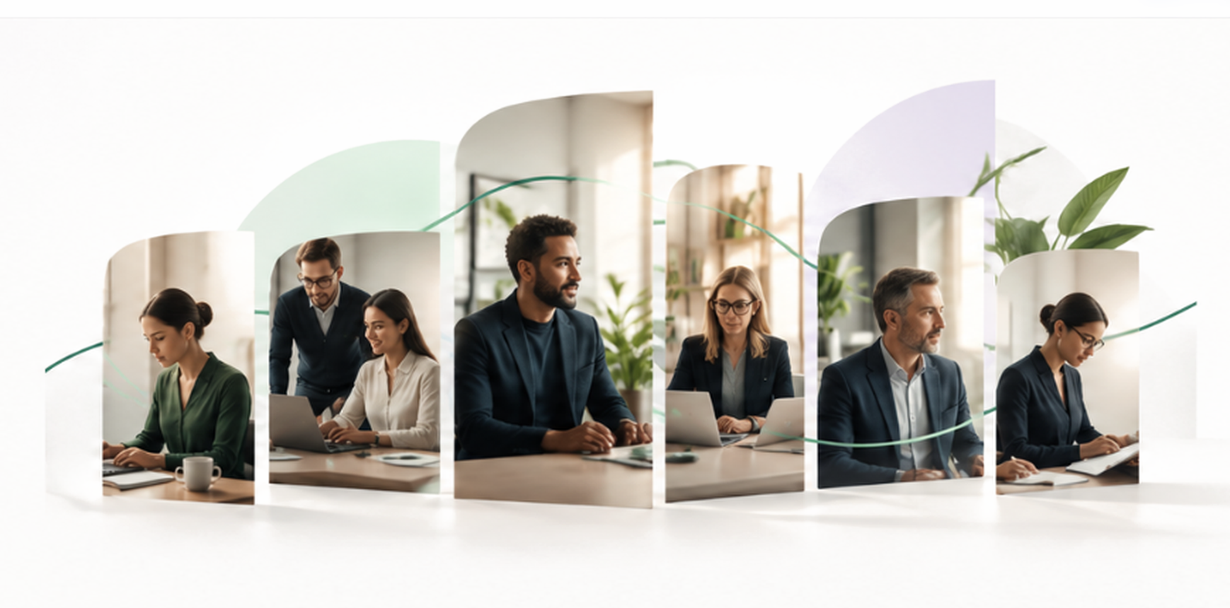 Six accountants and bookkeepers working at laptops in bright offices, shown in a row of arched photo panels