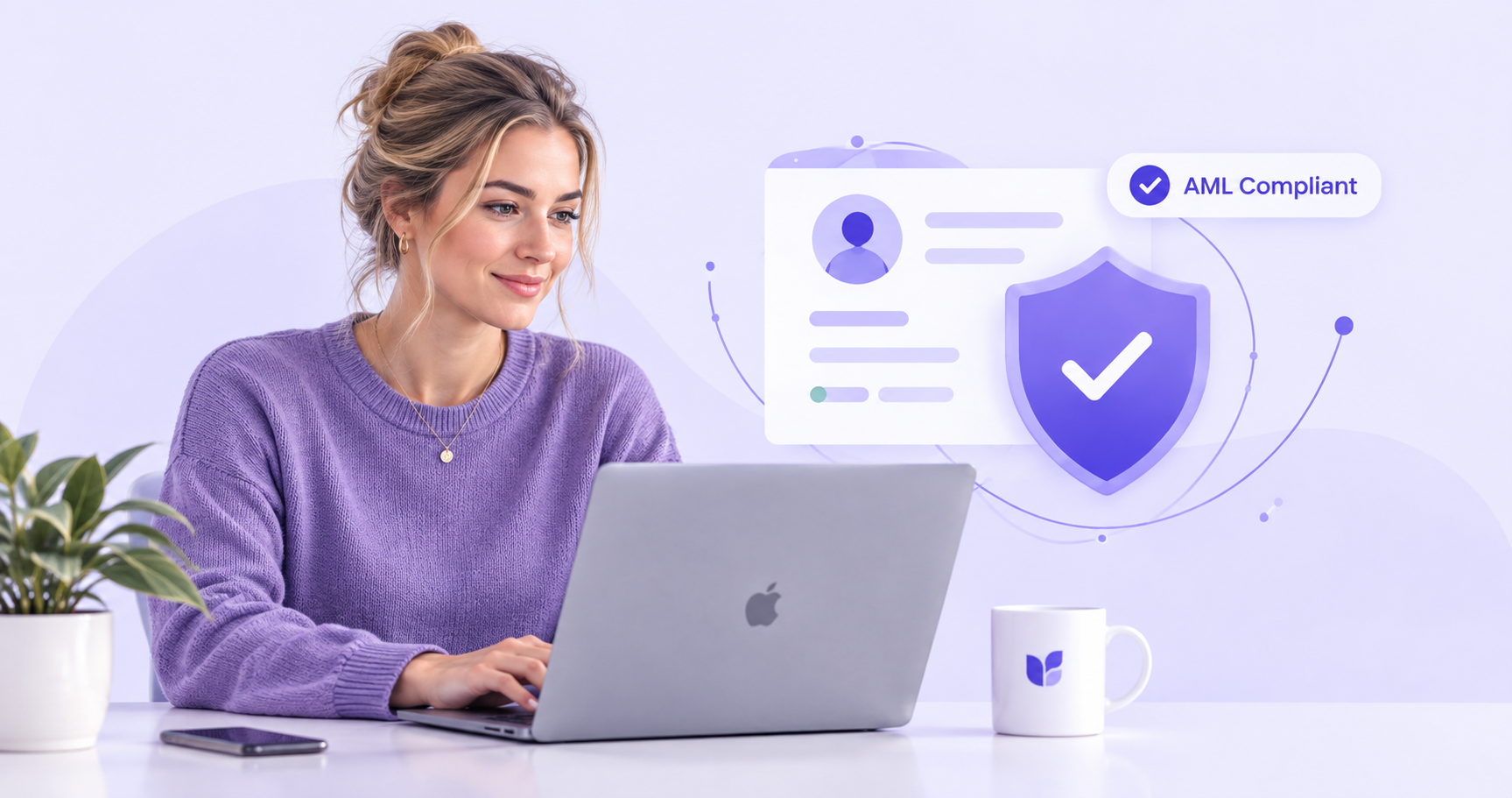 Accountant at a laptop completing a client due diligence check, with a verified client record and shield beside her