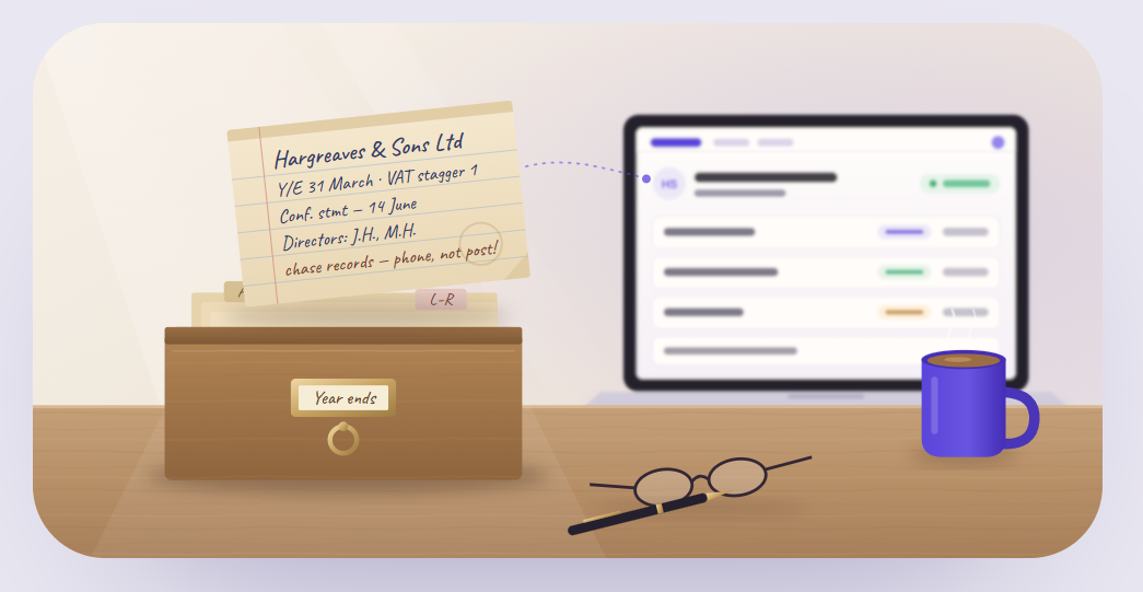 Illustration of an oak card-index box with one handwritten client card lifted out, beside a laptop showing the same client on one record