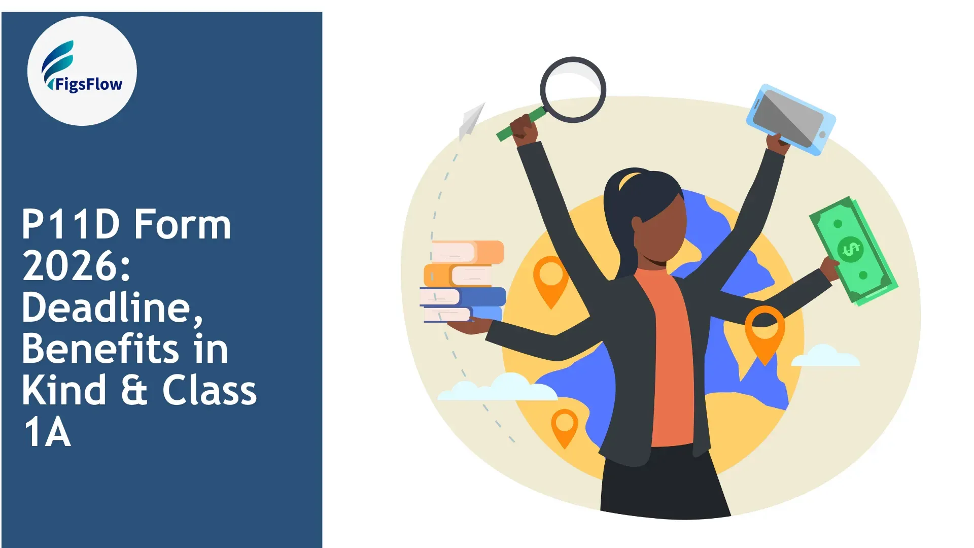 An illustration of a person holding books, a smartphone, and cash against a world map background.