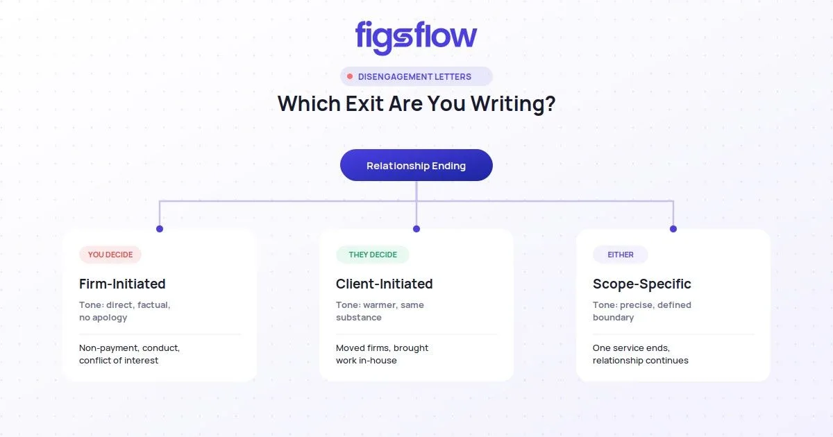 Decision tree: relationship ending branches into three disengagement letter types. FigsFlow