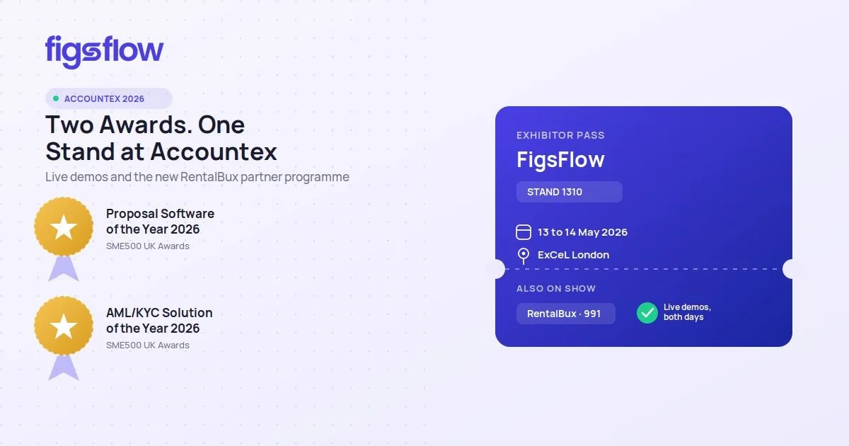 Two gold award medals beside a FigsFlow Accountex 2026 exhibitor pass with stand and dates