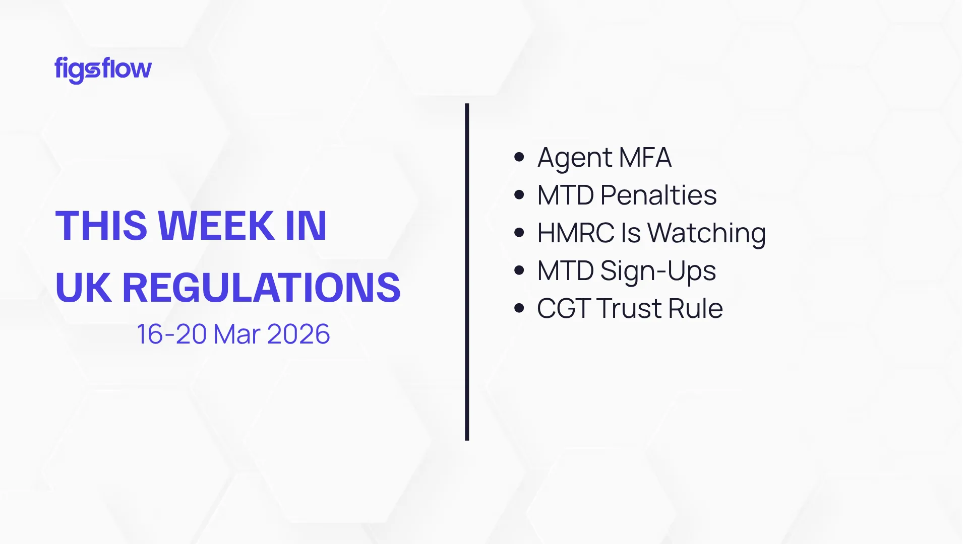 A graphic listing topics related to UK regulations for the week of March 16-20, 2026.