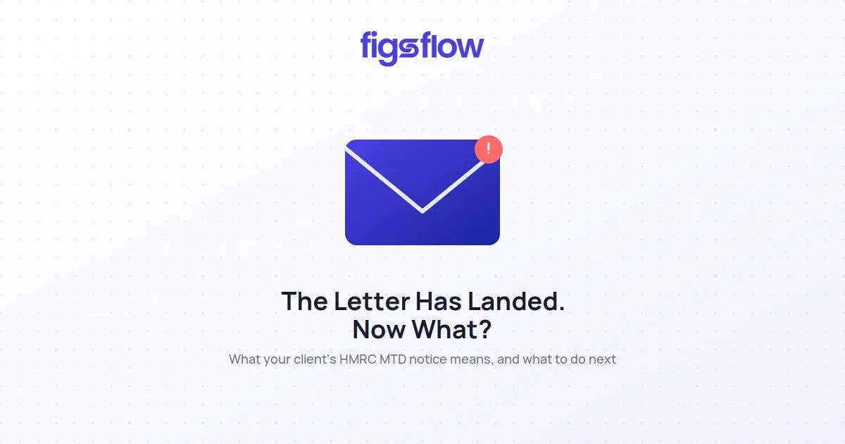 HMRC letter icon with alert badge, centered. FigsFlow