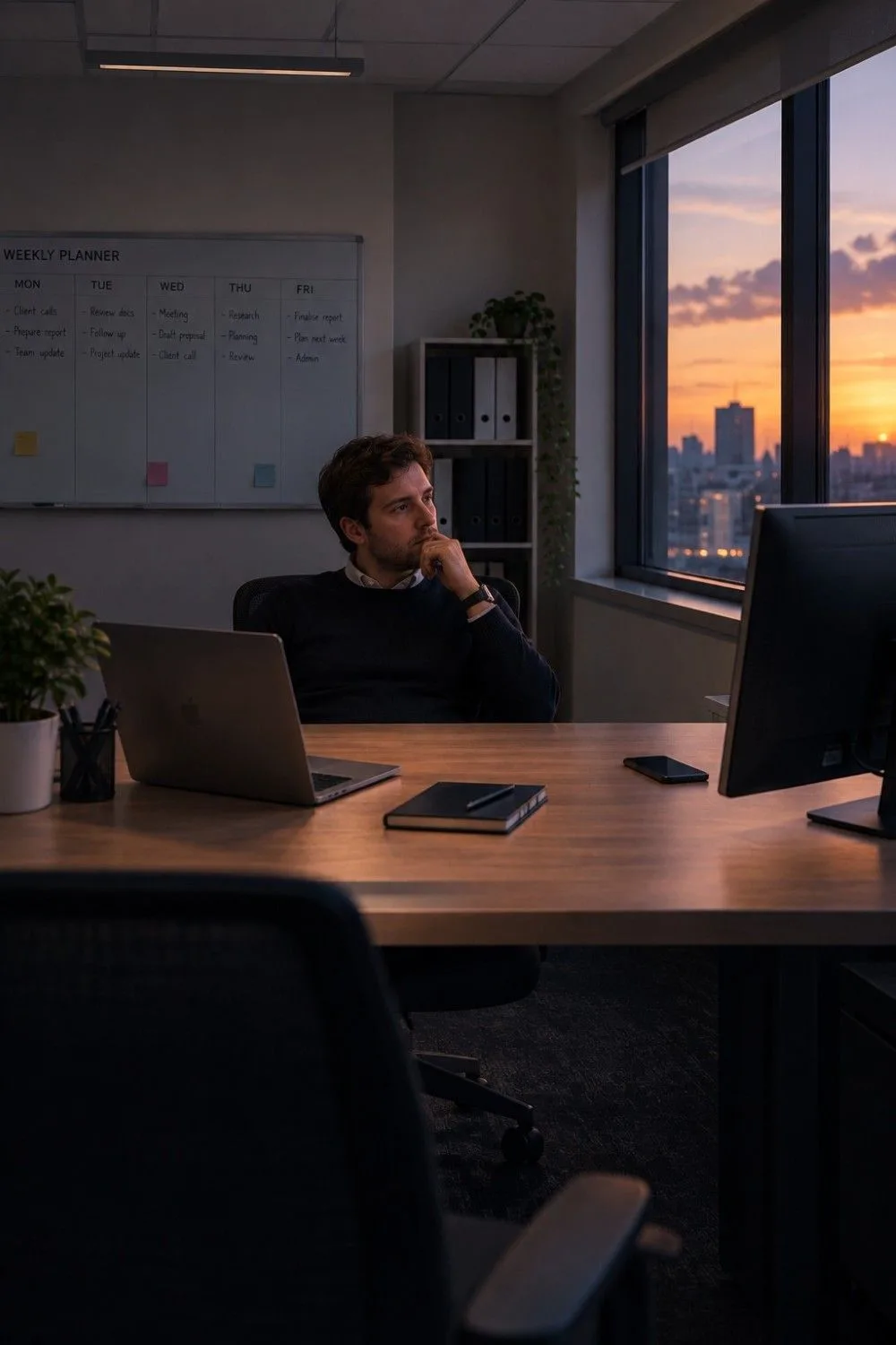 A person sitting at an office desk, looking out of the window at sunset