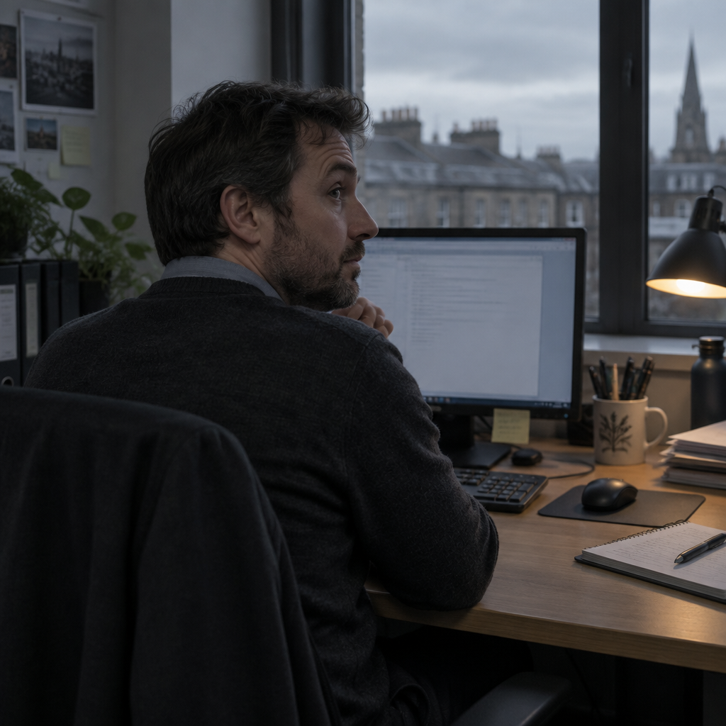An accountant at their desk late in the day, looking away from a spreadsheet on screen.