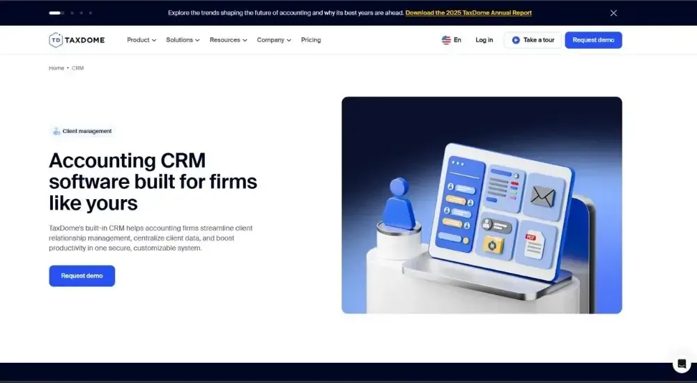TaxDome Accounting CRM page showing "Accounting CRM software built for firms like yours" hero section with client management illustration