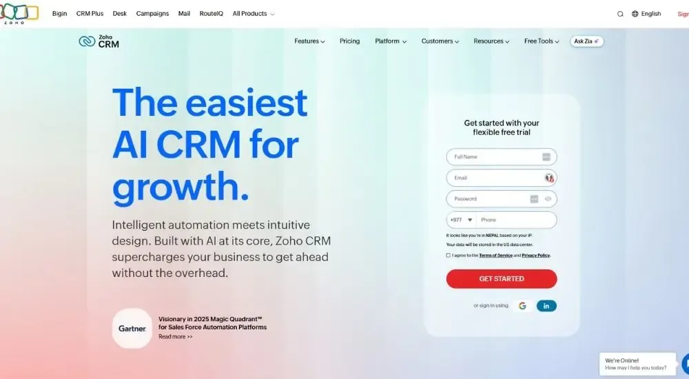 Zoho CRM website homepage showing "The easiest AI CRM for growth" hero section with free trial sign-up form and Gartner Magic Quadrant badge