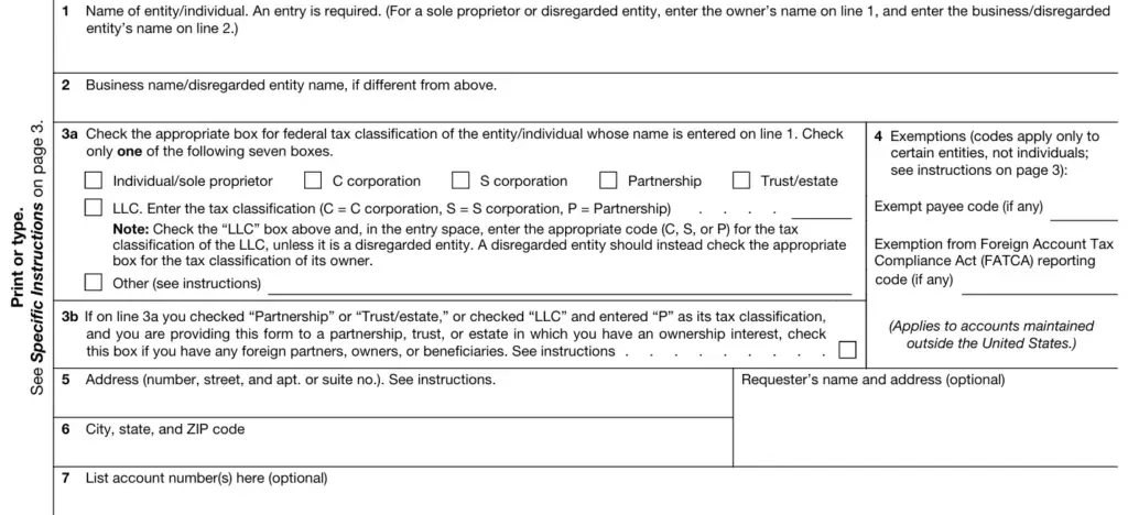 Tax Form Entity/Individual Information Instructions Tax form instructions page 3 for entity and individual information including: Line 1 entity/individual name entry for sole proprietors and disregarded entities; Line 2 business or disregarded entity name; Line 3a federal tax classification checkboxes for individual/sole proprietor, C corporation, S corporation, partnership, trust/estate, LLC, or other; Line 3b partnership/trust foreign owner disclosure checkbox; Line 4 exemptions section with exempt payee code and FATCA reporting code fields; Line 5 address field with requester name and address option; Line 6 city, state, ZIP code; Line 7 account number(s) optional field.