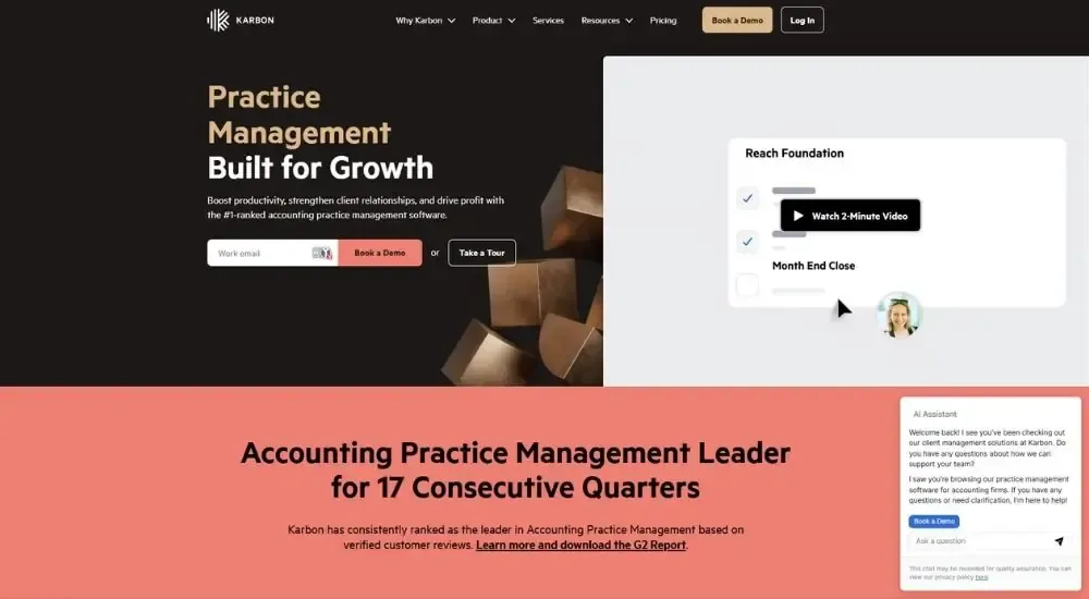 Karbon website homepage showing "Practice Management Built for Growth" hero section and G2 leader ranking banner for accounting practice management software