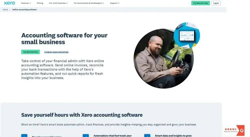 Xero accounting software landing page for small business with online invoicing, bank reconciliation, automation features, mobile dashboard preview, and time-saving automation benefits with free trial signup.
