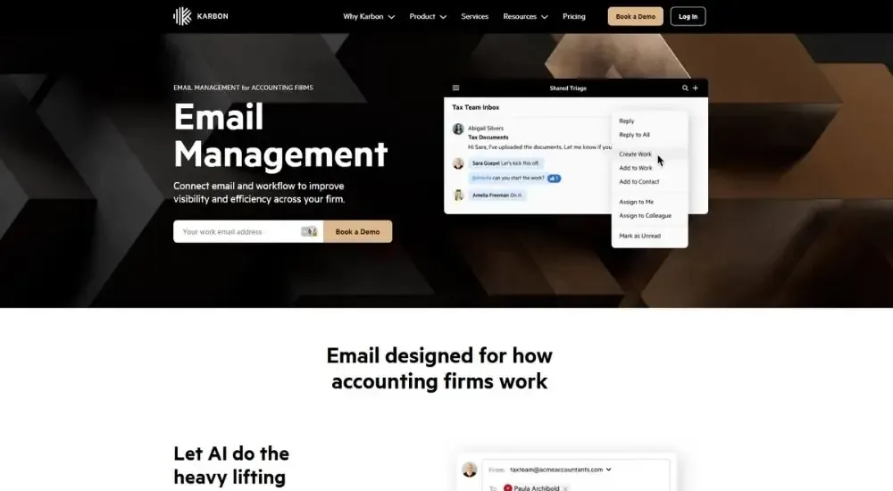 Karbon email management software landing page for accounting firms showcasing email inbox organization, shared triage workflow features, and AI-powered email composition capabilities with demo signup option."  Analyzed webpage layout and synthesized comprehensive alt text strategy Analyzed webpage layout and synthesized comprehensive alt text strategy  Title: Hiver AI-Powered Email Management Platform Landing Page  SEO & AEO Optimized Alt Text: "Hiver AI-powered email management landing page with heading 'AI-powered email management' and description of AI-driven inbox organization for handling high-volume shared inboxes like support and success. Features mention task ownership, AI draft replies, FAQ automation, and busywork reduction. Two call-to-action buttons: Start free trial (blue) and Book a demo. Text states 'Unlimited users on Free plan • No credit card needed.' Includes product interface mockup showing Hiver dashboard with inbox organization, email threading, tags, categories, and team collaboration features. Header navigation includes Hiver AI, Product, Solutions, Customers, Resources, Pricing with Sign in and action buttons."  Alternative (more concise): "Hiver AI email management platform landing page showcasing AI-powered shared inbox solution for support teams with unlimited free plan, featuring email automation, task assignment, draft reply generation, and collaborative inbox interface mockup."  Analyzed landing page components and crafted comprehensive alt text Analyzed landing page components and crafted comprehensive alt text  Title: Missive Inbox Collaboration Platform Landing Page  SEO & AEO Optimized Alt Text: "Missive email collaboration platform landing page with heading 'Inbox collaboration for teams that run on email' and tagline 'See what's going on, know who's doing what, and collaborate behind the scenes — without changing your workflow.' Features two call-to-action buttons: Try for free (blue) and Watch demo. Interface mockup displays Missive dashboard with left sidebar navigation (Inbox, Tasks, Calendars, Drafts, All, Team spaces, Conference Badge, Support), email conversation thread showing Karl Hertz and team members discussing conference dates, email collaboration features with inline comments, assignee options, and conversation threading. Header includes Product, Pricing, Customers, Resources navigation with Log in, Book a demo, and Try for free buttons."  Alternative (more concise): "Missive team email collaboration platform landing page showcasing shared inbox solution for teams to track conversations, assign emails, collaborate inline, and manage team communication without workflow disruption, with interface demonstration and free trial signup option."  Analyzed landing page components and crafted optimized alt text Analyzed landing page components and crafted optimized alt text  Title: SaneBox AI Email Management Landing Page  SEO & AEO Optimized Alt Text: "SaneBox AI email management platform landing page with heading 'Eliminate Inbox Clutter with SaneBox AI' and subheading stating users spend 3-4 hours less per week managing emails. Features three benefit callouts: No more email overwhelm, No more wasted hours, Nothing slips through the cracks. Includes Try it now for free blue button with no credit card required notice and Log in link for existing users. Second section heading 'Works with every email client' with description that SaneBox works with any email client without downloads or manual setup. Header navigation includes Tour, Help, Pricing links."  Alternative (more concise): "SaneBox AI email management platform landing page promoting AI-powered inbox decluttering to reduce email management time by 3-4 hours weekly, compatible with all email clients, offering free trial signup without credit card requirement.
