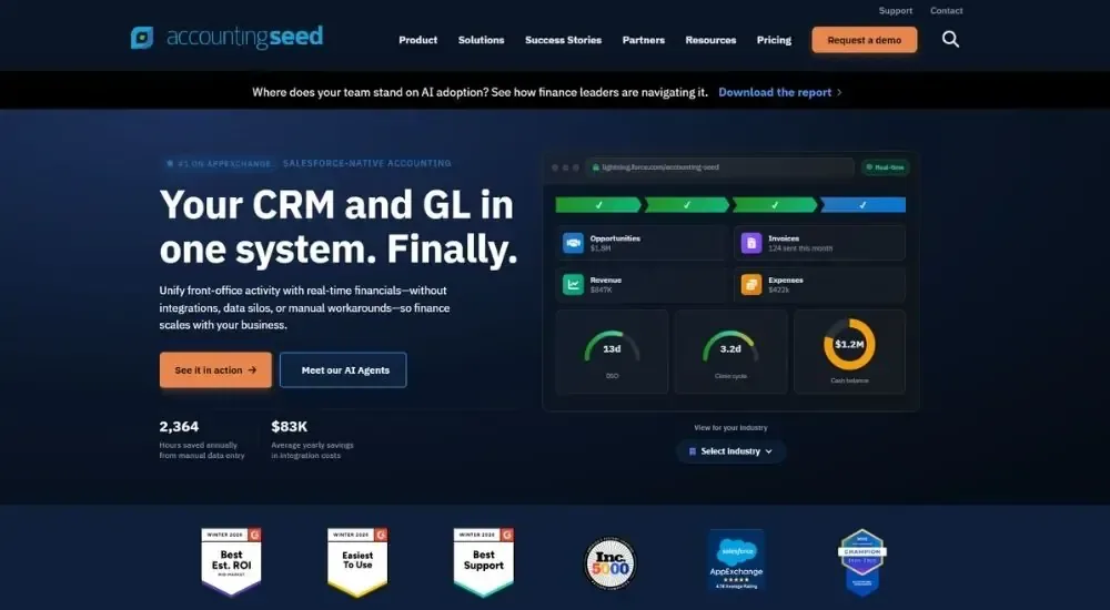 Accounting Seed Salesforce-native accounting platform landing page. Heading 'Your CRM and GL in one system. Finally.' Dashboard mockup showing Opportunities ($21.2M), Invoices, Revenue ($3.2k), Expenses ($1.2M) with real-time financial metrics. CTAs 'See it in action' and 'Meet our AI Agents.' Stats: 2,364 hours annual savings, $83K integration cost reduction. Award badges: Best ROI, Best Support, AppExchange Partner.