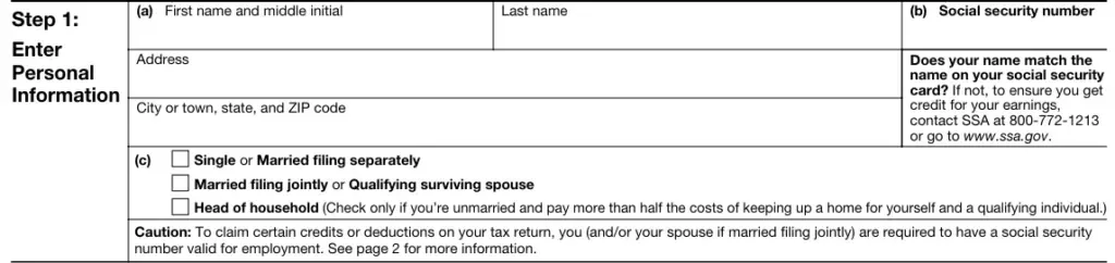 ax Form Step 1 - Personal Information Entry ax form Step 1 personal information with name, address, SSN, and filing status checkboxes (Single, Married, Head of household)