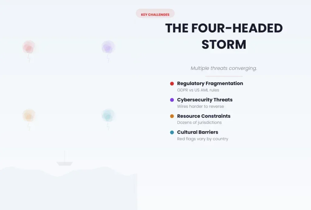 Key Challenges in Cross-Border AML Compliance Infographic listing four key challenges in cross-border AML compliance: regulatory fragmentation, cybersecurity threats, resource constraints, and cultural barriers, with a storm cloud illustration