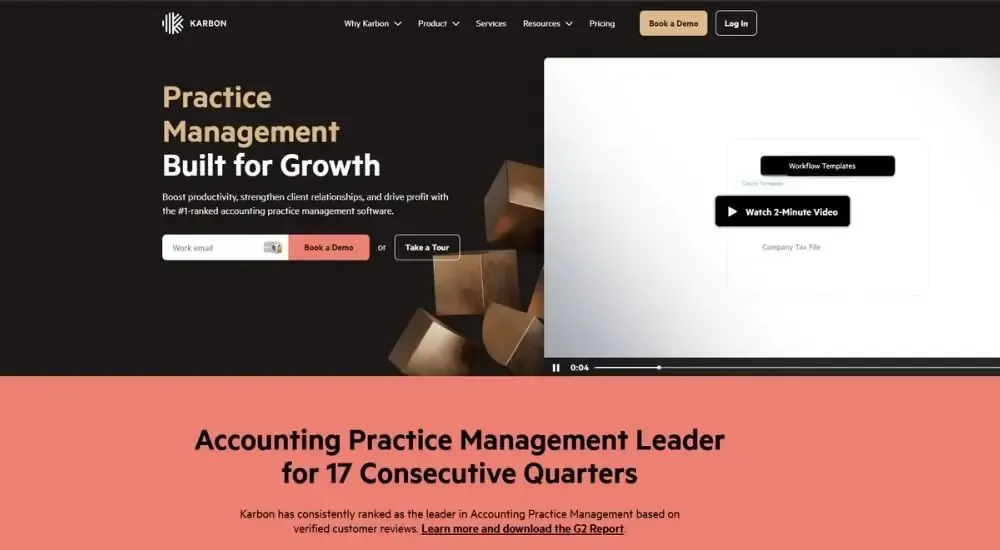 Karbon website homepage showing "Practice Management Built for Growth" hero section and G2 leader ranking banner for accounting practice management software