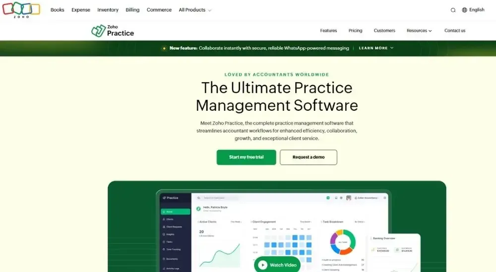 Zoho Practice website homepage showing "The Ultimate Practice Management Software" hero section with client engagement and task breakdown dashboard preview