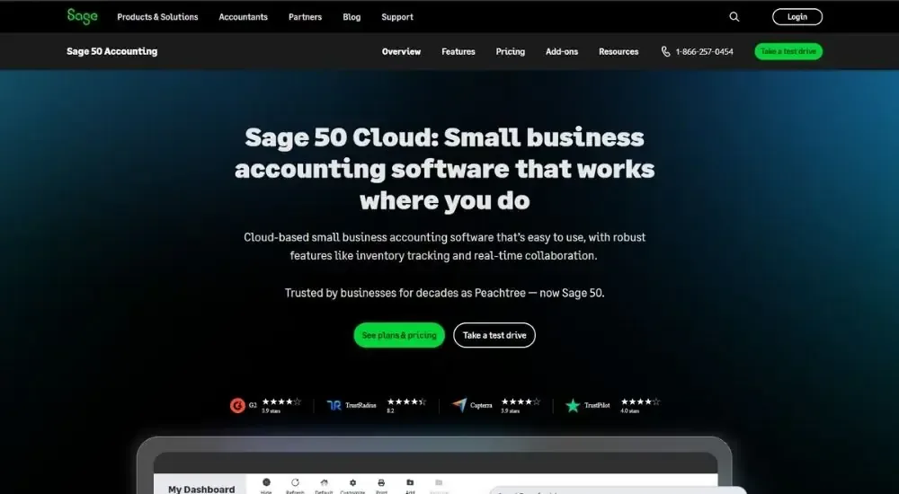 Sage 50 Cloud small business accounting software landing page. Heading 'Sage 50 Cloud: Small business accounting software that works where you do.' Cloud-based features include inventory tracking and real-time collaboration. CTAs 'See plans & pricing' and 'Take a test drive.' Trust messaging references Peachtree legacy. Review badges: G2, TrustRadius, Capterra, TrustPilot with 4-5 stars. Dashboard preview.