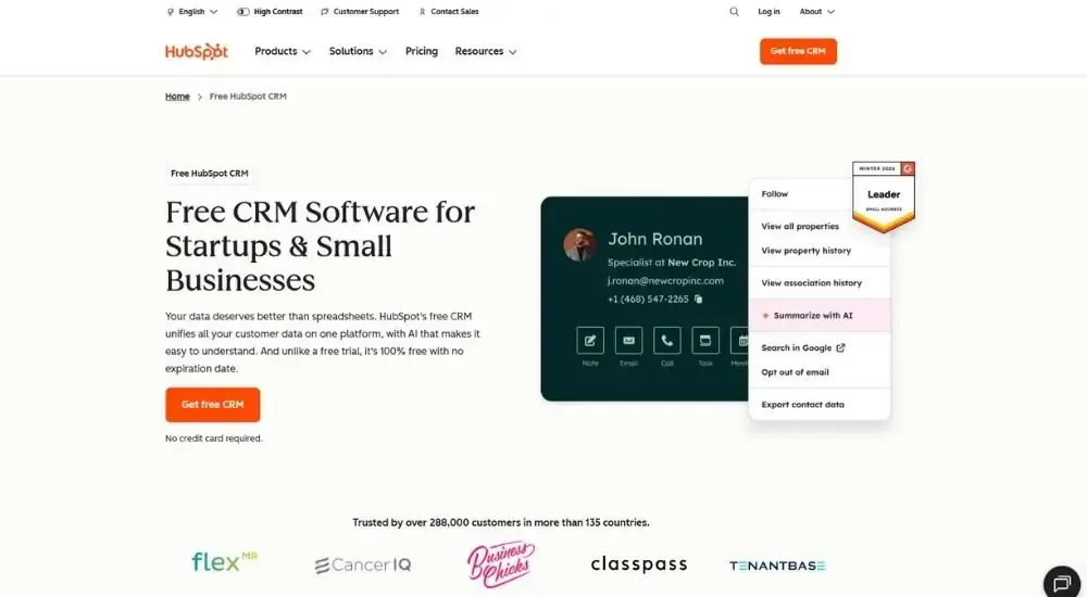 HubSpot free CRM page showing "Free CRM Software for Startups & Small Businesses" hero section with contact record example and customer logos