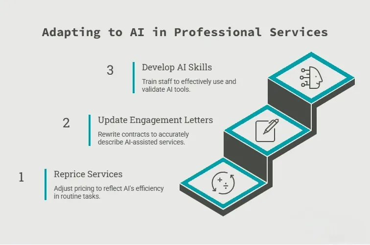 Adapting to AI in Professional Services Alt text: Three-step diagram for adapting to AI in professional services: reprice services, update engagement letters, and develop AI skills