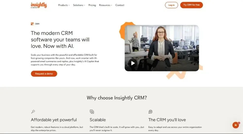 Insightly CRM website homepage showing "The modern CRM software your teams will love. Now with AI." hero section with video preview and feature highlights