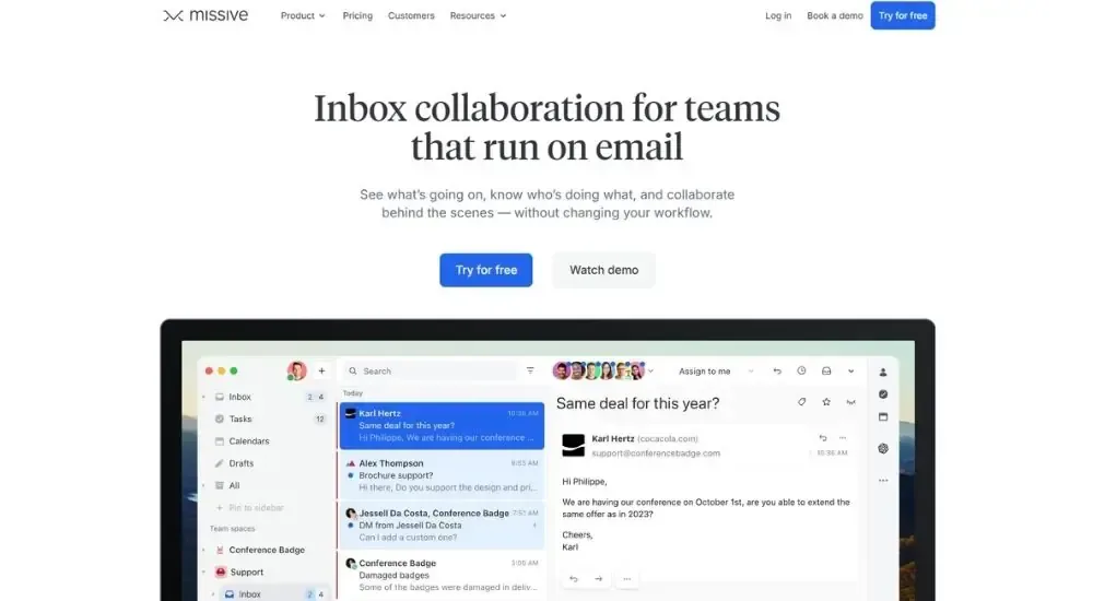 Missive team email collaboration platform landing page showcasing shared inbox solution for teams to track conversations, assign emails, collaborate inline, and manage team communication without workflow disruption, with interface demonstration and free trial signup option.