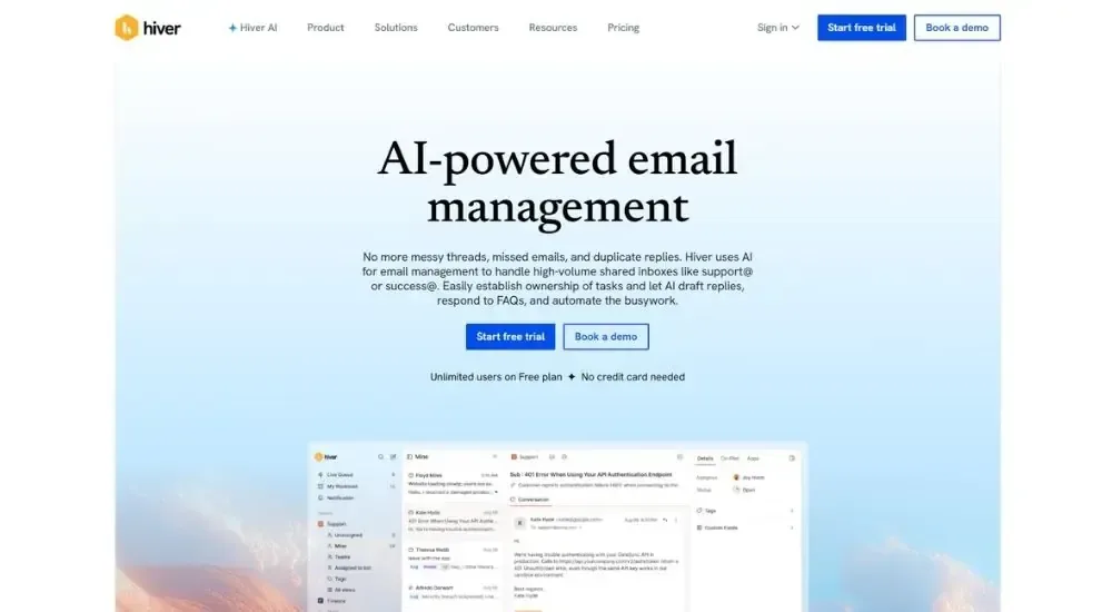 Hiver AI email management platform landing page showcasing AI-powered shared inbox solution for support teams with unlimited free plan, featuring email automation, task assignment, draft reply generation, and collaborative inbox interface mockup.