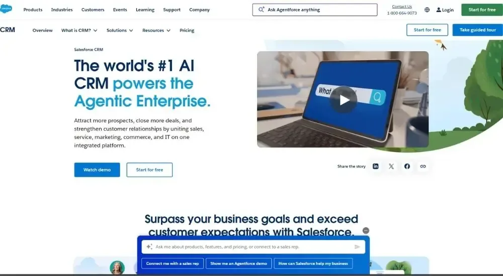 Salesforce CRM website homepage showing "The world's #1 AI CRM powers the Agentic Enterprise" hero section with product video and chat assistant widget