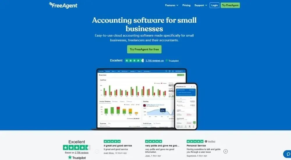 FreeAgent cloud accounting software landing page for small businesses and freelancers. Heading with software description and 'Try FreeAgent for free' CTA button. Trustpilot 4.9/5 stars from 2,706 reviews. Dashboard and mobile interface mockups showing financial overview, invoicing, expenses, profit/loss tracking. Customer testimonials with 4-star Trustpilot ratings.