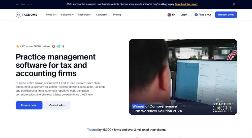 TaxDome Accounting CRM page showing "Accounting CRM software built for firms like yours" hero section with client management illustration