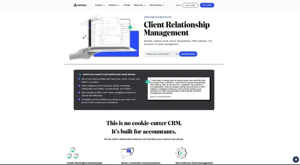 Canopy CRM for accountants page showing "Client Relationship Management" hero section with client testimonial and feature list