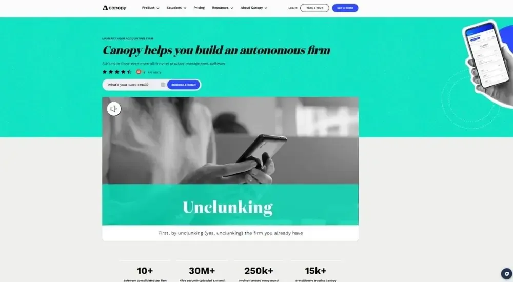 Canopy website homepage showing "Canopy helps you build an autonomous firm" hero section with "Unclunking" video preview and platform usage stats