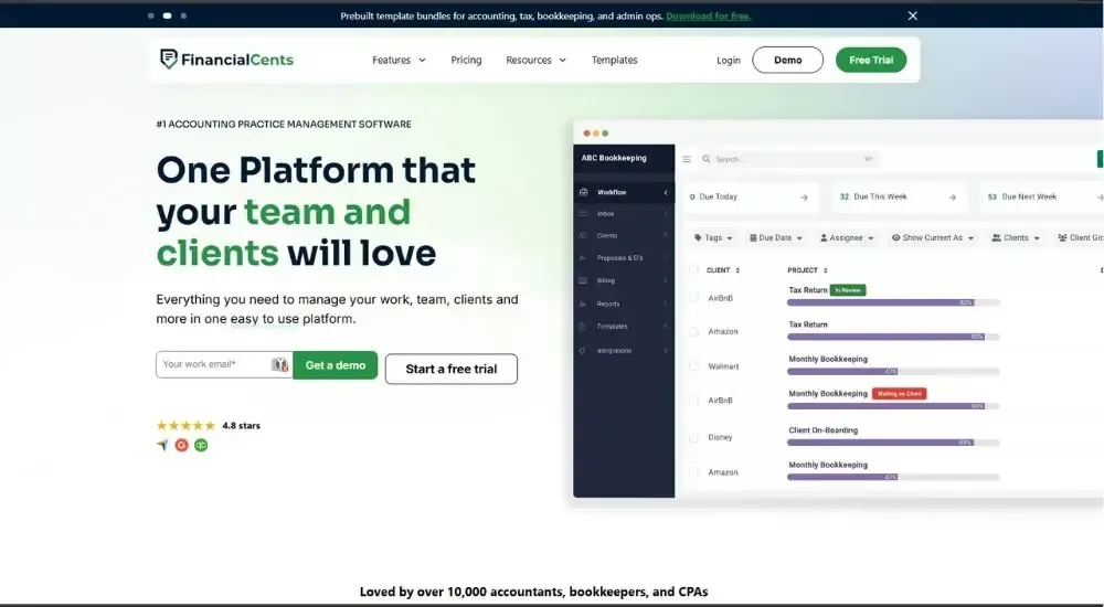 FinancialCents website homepage showing "One Platform that your team and clients will love" hero section with workflow dashboard interface