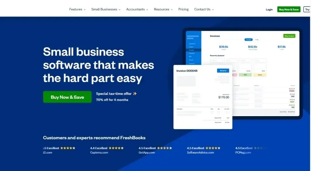 FreshBooks small business accounting software landing page with heading 'Small business software that makes the hard part easy.' CTA 'Buy Now & Save' with 70% discount offer. Invoice interface mockup showing financial dashboard, invoices ($39.5k, $42.6k, $17.8k metrics), and Invoice 000045 details. Customer reviews section highlighting 4.5-5 star ratings from G2, Capterra, GetApp, SoftwareAdvice, PCMag.