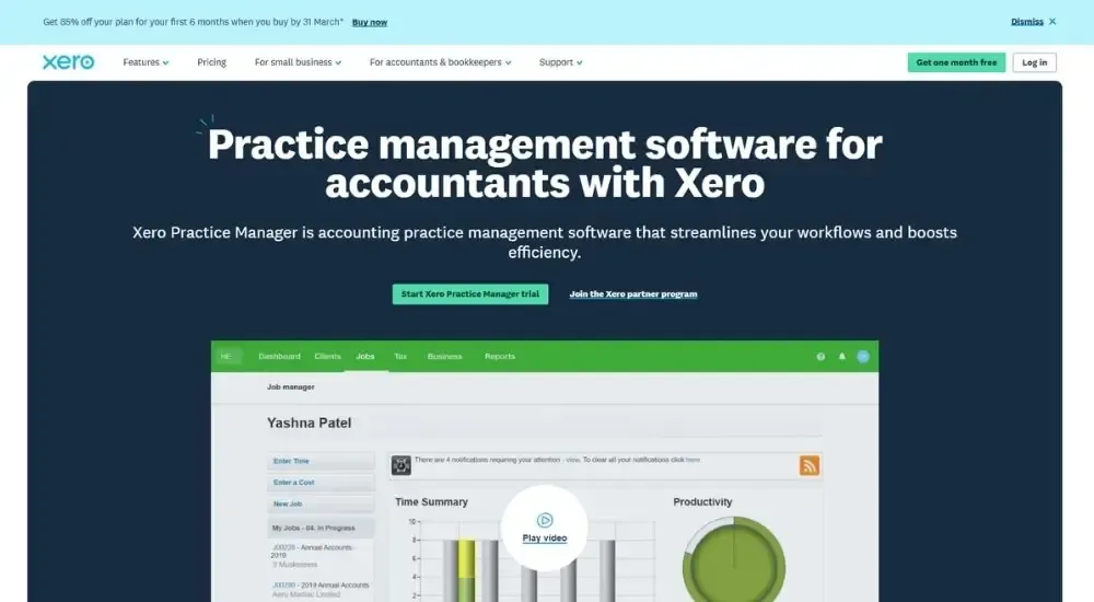 Xero Practice Manager page showing "Practice management software for accountants with Xero" hero section with job manager dashboard preview