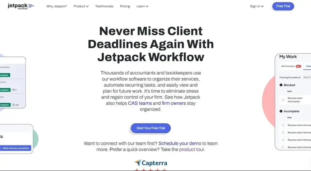 Jetpack Workflow website homepage showing "Never Miss Client Deadlines Again With Jetpack Workflow" hero section with task management dashboard preview